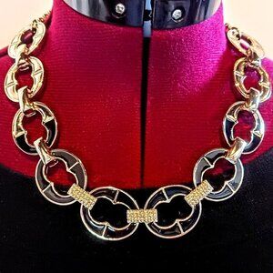 Vintage Ann Taylor Silver Black Enamel Pave Mariner Link Necklace